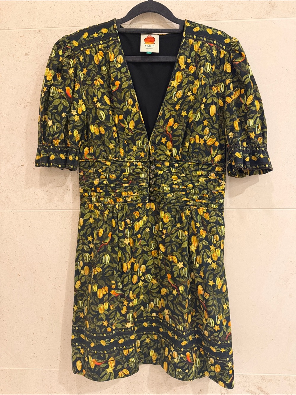 FARM Rio Black Green & Yellow Botanical V-Neck Mini Dress
